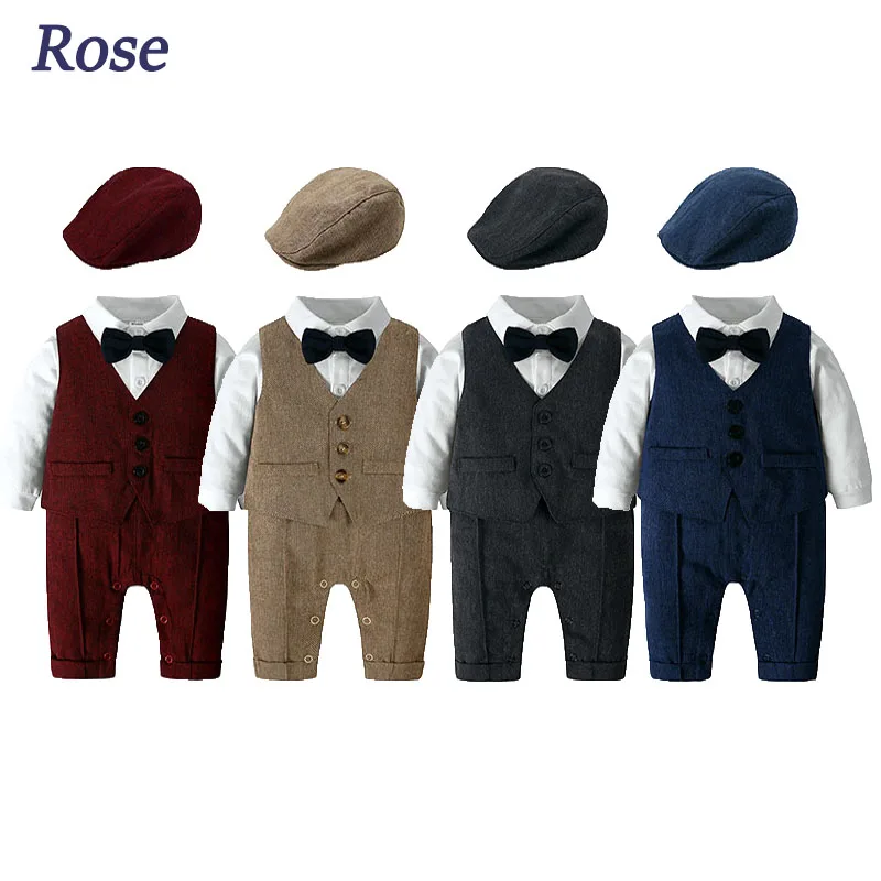 Toddler Gentleman Infant Baby Children Boys Clothes Set 3 Pcs Shirt Bow Tie Romper+Vest+Hat Newborn Dress Party Outfits Suit