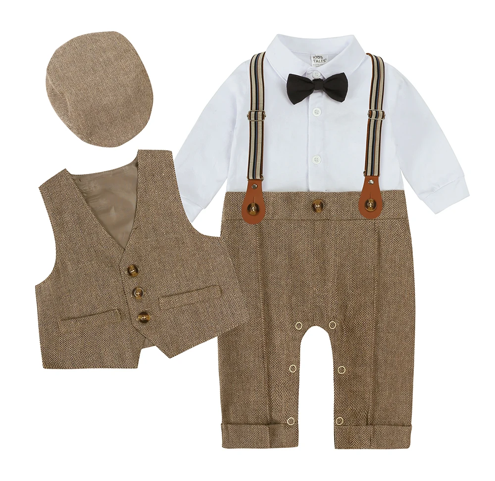 Toddler Gentleman Infant Baby Children Boys Clothes Set 3 Pcs Shirt Bow Tie Romper+Vest+Hat Newborn Dress Party Outfits Suit thumbnail 4