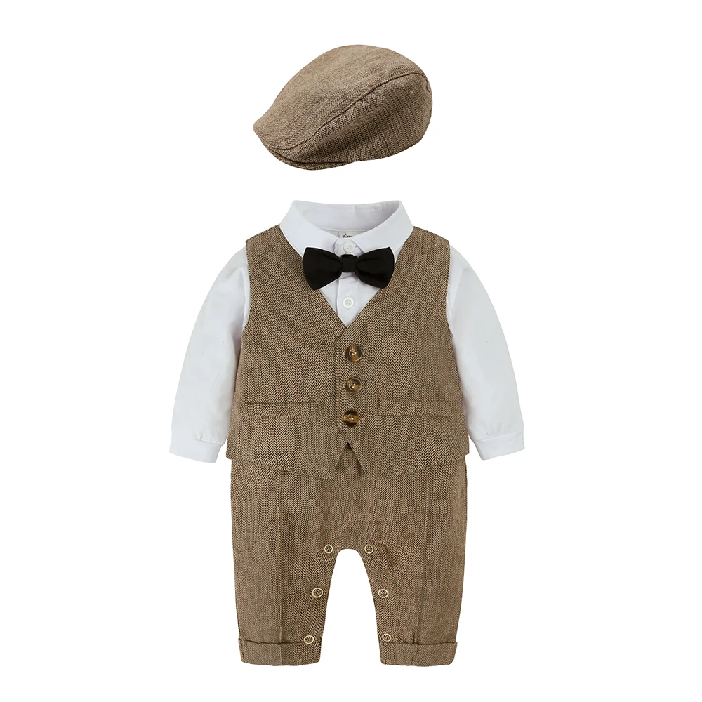 Toddler Gentleman Infant Baby Children Boys Clothes Set 3 Pcs Shirt Bow Tie Romper+Vest+Hat Newborn Dress Party Outfits Suit thumbnail 3