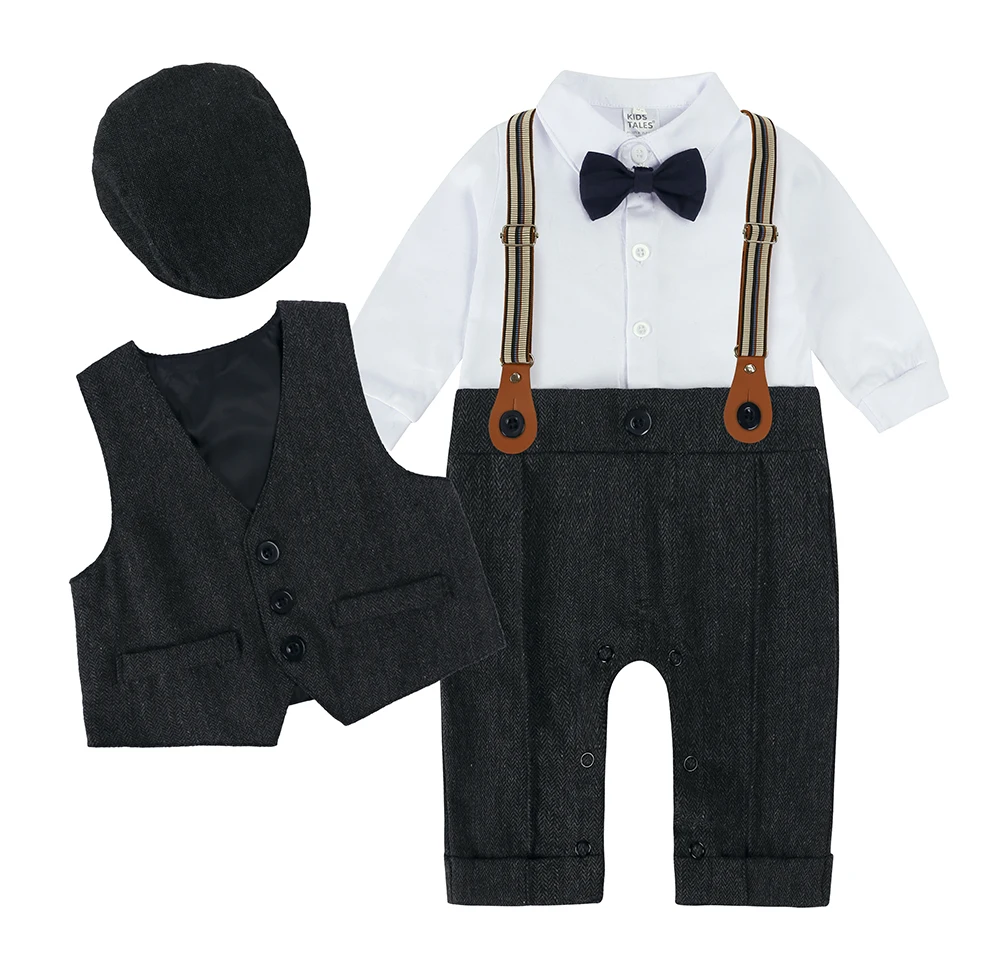 Toddler Gentleman Infant Baby Children Boys Clothes Set 3 Pcs Shirt Bow Tie Romper+Vest+Hat Newborn Dress Party Outfits Suit thumbnail 5