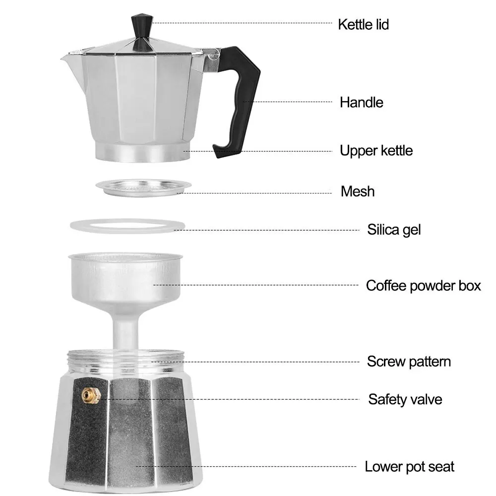 Aluminum Coffee Kettle Household Italian Octagonal Moka Coffee Tea Pot Office Home Travel Outdoor Camping Tableware Equipment thumbnail 3