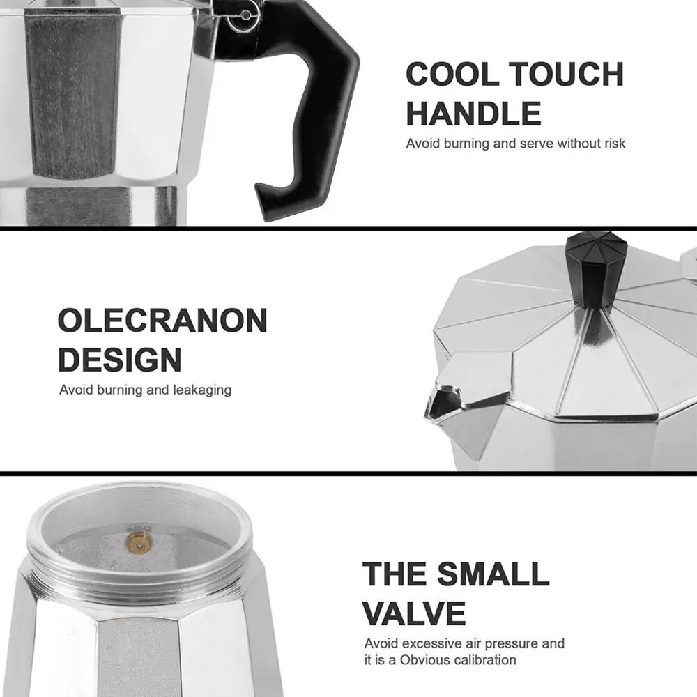 Aluminum Coffee Kettle Household Italian Octagonal Moka Coffee Tea Pot Office Home Travel Outdoor Camping Tableware Equipment thumbnail 2