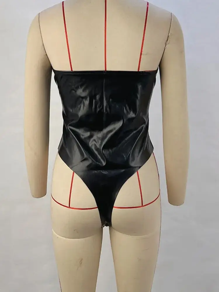 Strapless Eyelets Rivets Bandage PU Leather Catsuit High Cut Open Crotch Bodysuit Tights Sexy Body Teddies Swimsuit Leotard Tops thumbnail 4