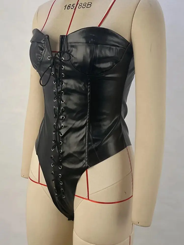 Strapless Eyelets Rivets Bandage PU Leather Catsuit High Cut Open Crotch Bodysuit Tights Sexy Body Teddies Swimsuit Leotard Tops thumbnail 2