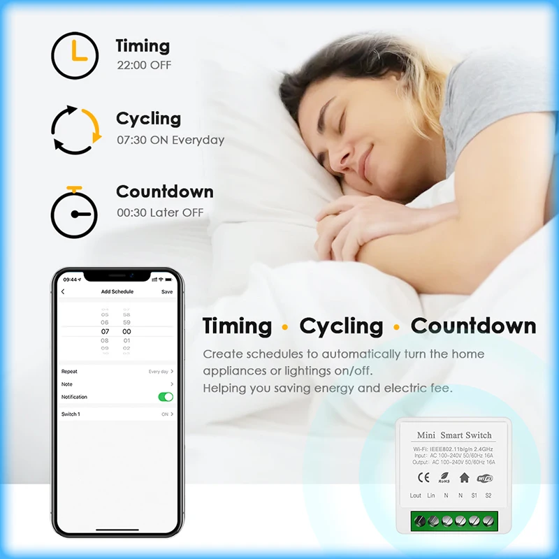 Aubess 16A Switch Tuya Wi-Fi Smart Switch Support 2-Way Control Power Monitor Energy Saving Light Switch Module 110V 220V thumbnail 6