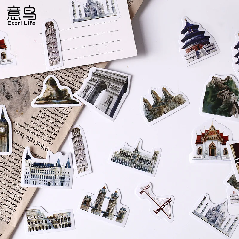 45pcs Kawaii Architecture Stickers for Diaries Handmade Adhesive Paper DIY Scrapbooking Stick Labels Office School Supplies