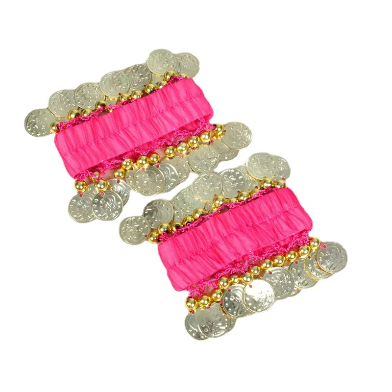 Belly Dance Metal Coin Bracelets 1 Pair Belly Dancing Wrist Ankle Cuffs Bracelets Chiffon Gold Coin Belly Dance Accessories thumbnail 2