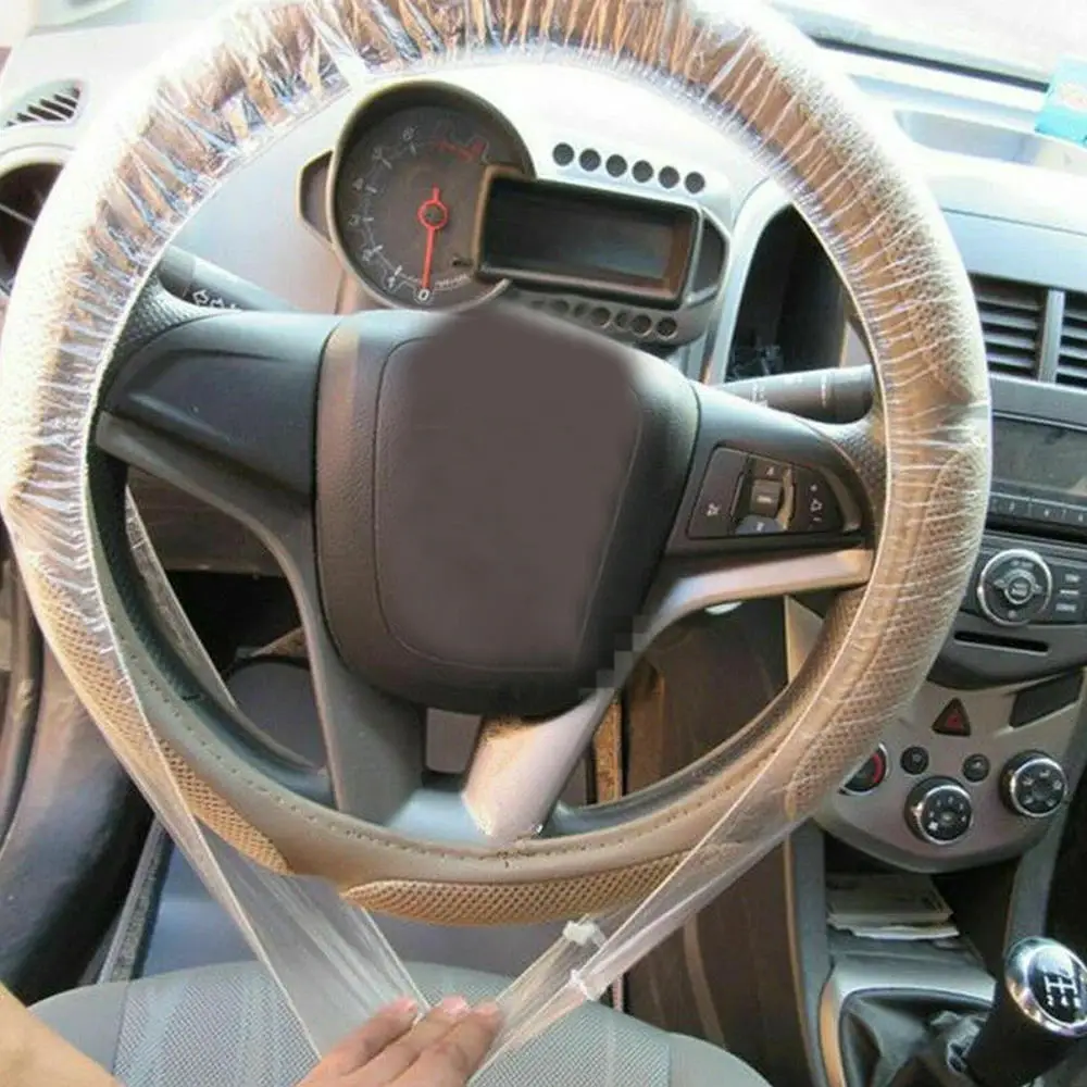 50pc Universal Car Gear Cover Disposable Transparent Steering Wheel Cover Elastic Waterproof Plastic Safety Isolation Protection thumbnail 2