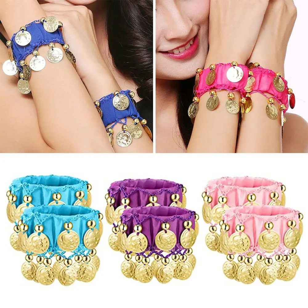 1Pair Belly Dance Wrist Ankle Cuffs Bracelets Chiffon Gold Coin Rattle Bracelet Belly Dance Costume Accessories thumbnail 4