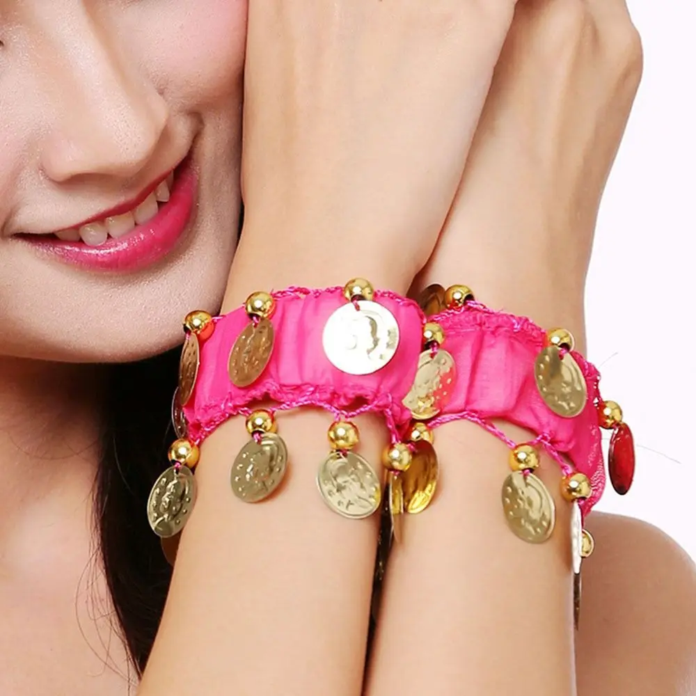 1Pair Belly Dance Wrist Ankle Cuffs Bracelets Chiffon Gold Coin Rattle Bracelet Belly Dance Costume Accessories thumbnail 2