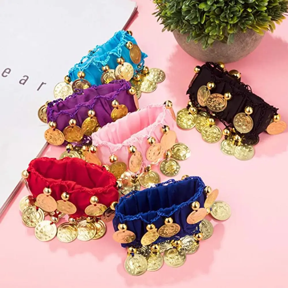 1Pair Belly Dance Wrist Ankle Cuffs Bracelets Chiffon Gold Coin Rattle Bracelet Belly Dance Costume Accessories thumbnail 3