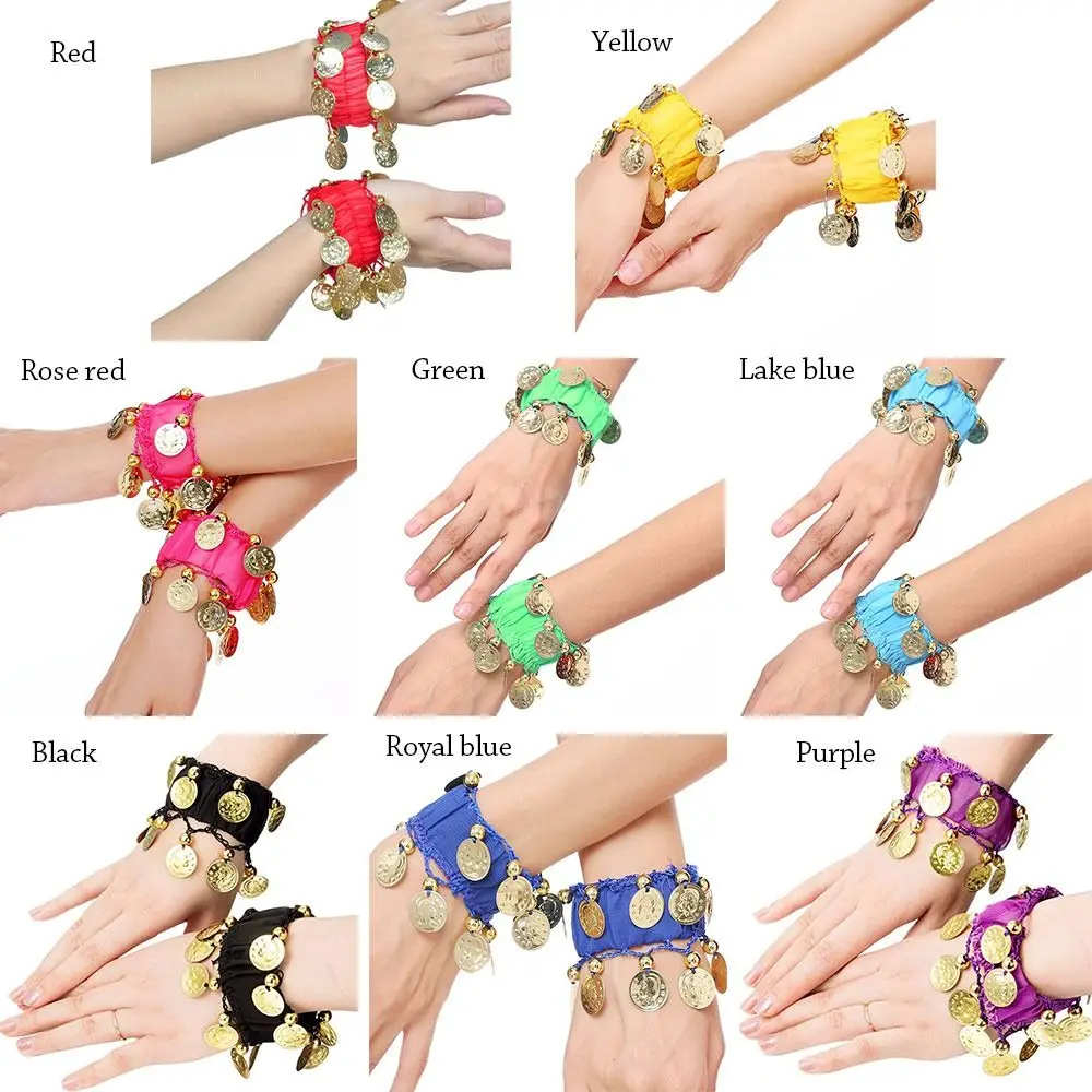 1Pair Belly Dance Wrist Ankle Cuffs Bracelets Chiffon Gold Coin Rattle Bracelet Belly Dance Costume Accessories thumbnail 6