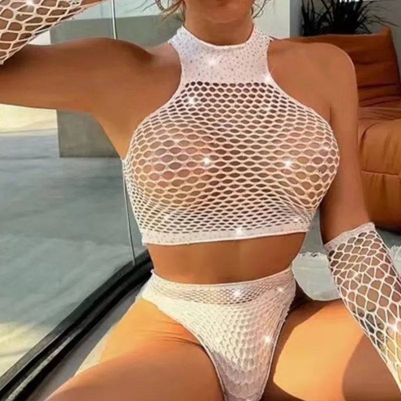 Plus Size Hot Sexy Exotic Style Fishnet Flash Diamond Erotic Sleepwear Corset Dress Curved Bodysuit Perspective Women's Lingerie thumbnail 5