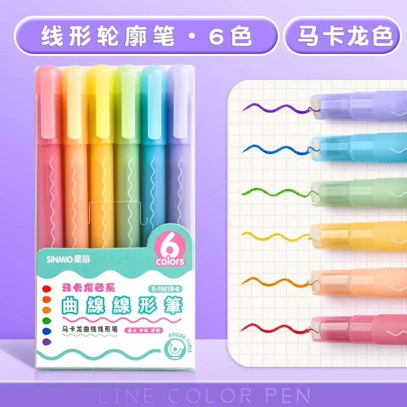 3/6/8pcs Line Shaped Highlighter Roller Tip Curve Liner Marker Pens Kawaii Graffiti Pen Korean Stationery School Office Supplies thumbnail 4