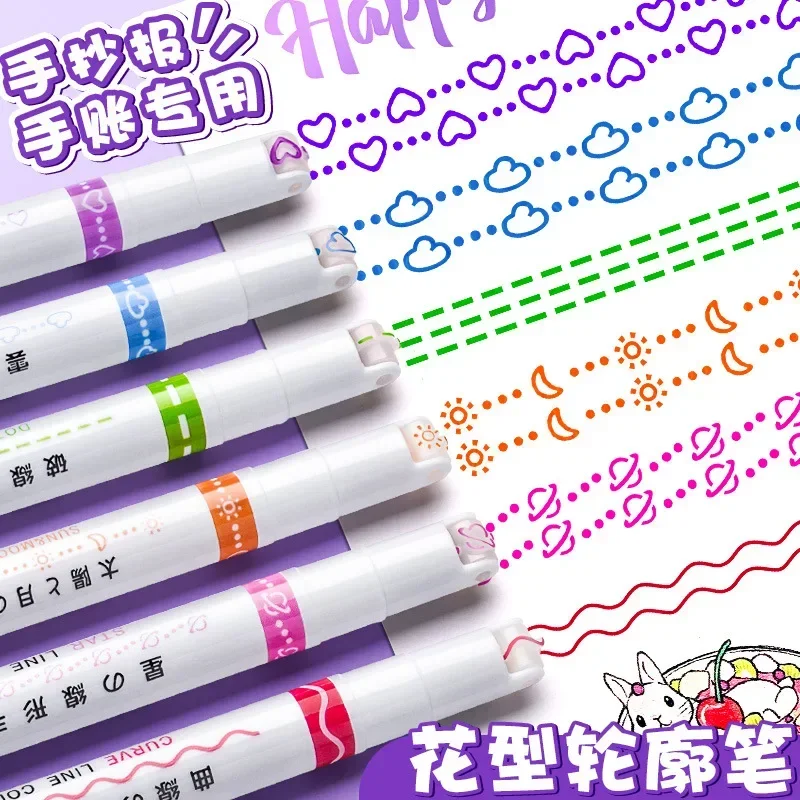 3/6/8pcs Line Shaped Highlighter Roller Tip Curve Liner Marker Pens Kawaii Graffiti Pen Korean Stationery School Office Supplies