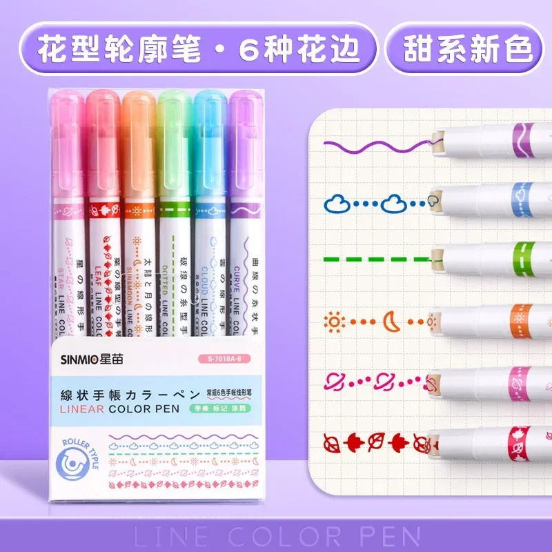 3/6/8pcs Line Shaped Highlighter Roller Tip Curve Liner Marker Pens Kawaii Graffiti Pen Korean Stationery School Office Supplies thumbnail 6