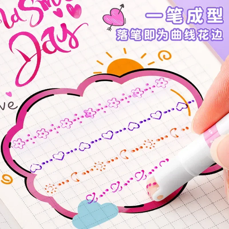 3/6/8pcs Line Shaped Highlighter Roller Tip Curve Liner Marker Pens Kawaii Graffiti Pen Korean Stationery School Office Supplies thumbnail 2