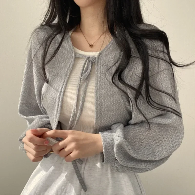 Thin White Cardigan Women Summer Sunscreen Lace-up Knitwear Tops Lady Korean Style Casual Lantern Sleeve Short Sun Protected Top thumbnail 3