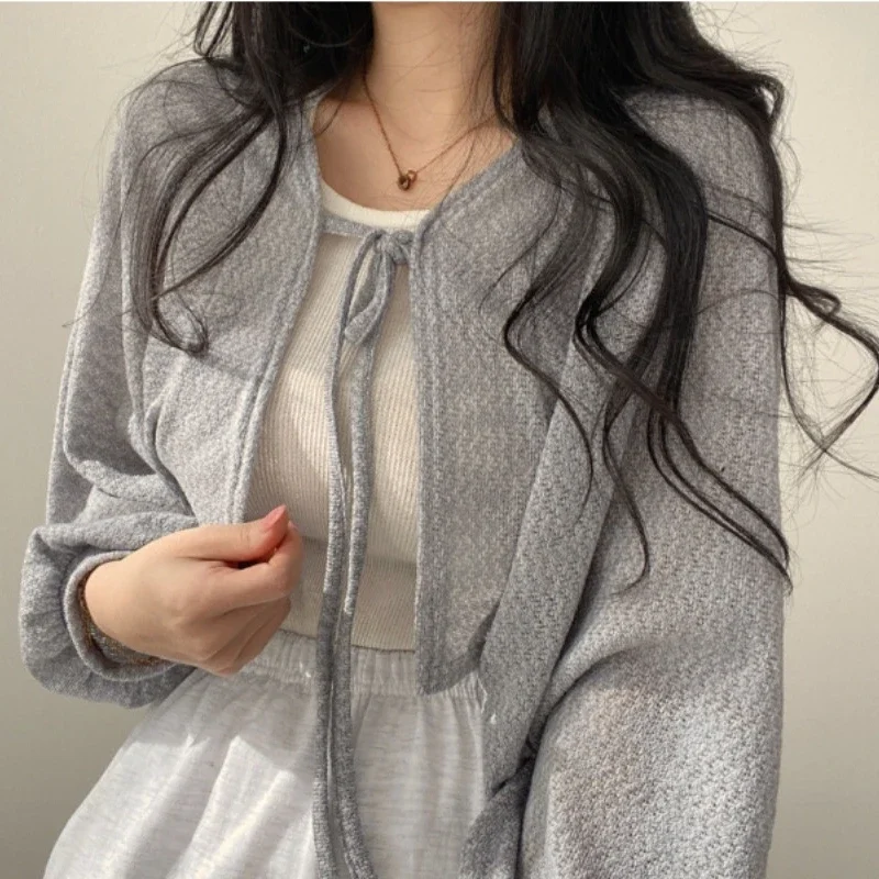 Thin White Cardigan Women Summer Sunscreen Lace-up Knitwear Tops Lady Korean Style Casual Lantern Sleeve Short Sun Protected Top thumbnail 2