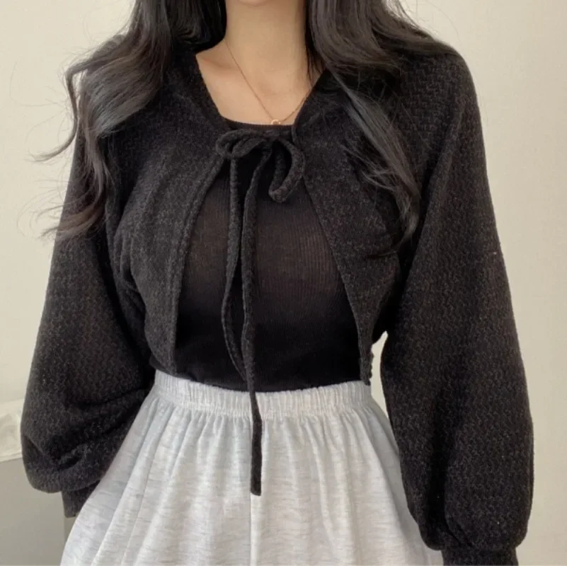 Thin White Cardigan Women Summer Sunscreen Lace-up Knitwear Tops Lady Korean Style Casual Lantern Sleeve Short Sun Protected Top thumbnail 6