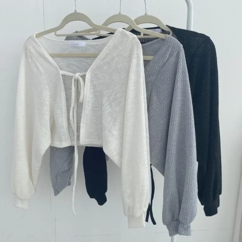 Thin White Cardigan Women Summer Sunscreen Lace-up Knitwear Tops Lady Korean Style Casual Lantern Sleeve Short Sun Protected Top thumbnail 5