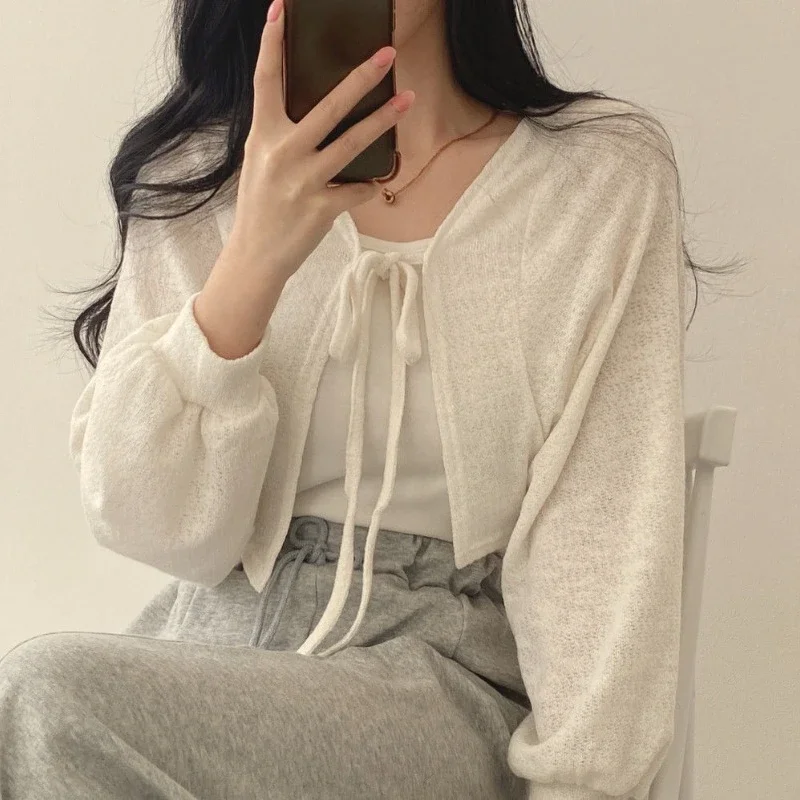 Thin White Cardigan Women Summer Sunscreen Lace-up Knitwear Tops Lady Korean Style Casual Lantern Sleeve Short Sun Protected Top thumbnail 4