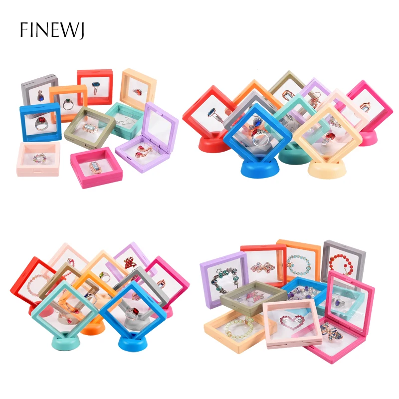 Color PE Film Jewelry Storage Box 3D Packaging Case Coin Free Stand Floating Frame Membrane Ring Earring Bracelet Display Holder