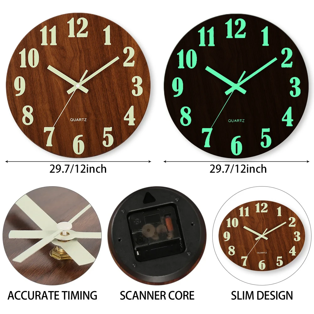 12 Inch Luminous Wall Clock Wood Silent light in dark night Nordic Fashion Wall Clock Non Ticking Clock With Night Light thumbnail 5