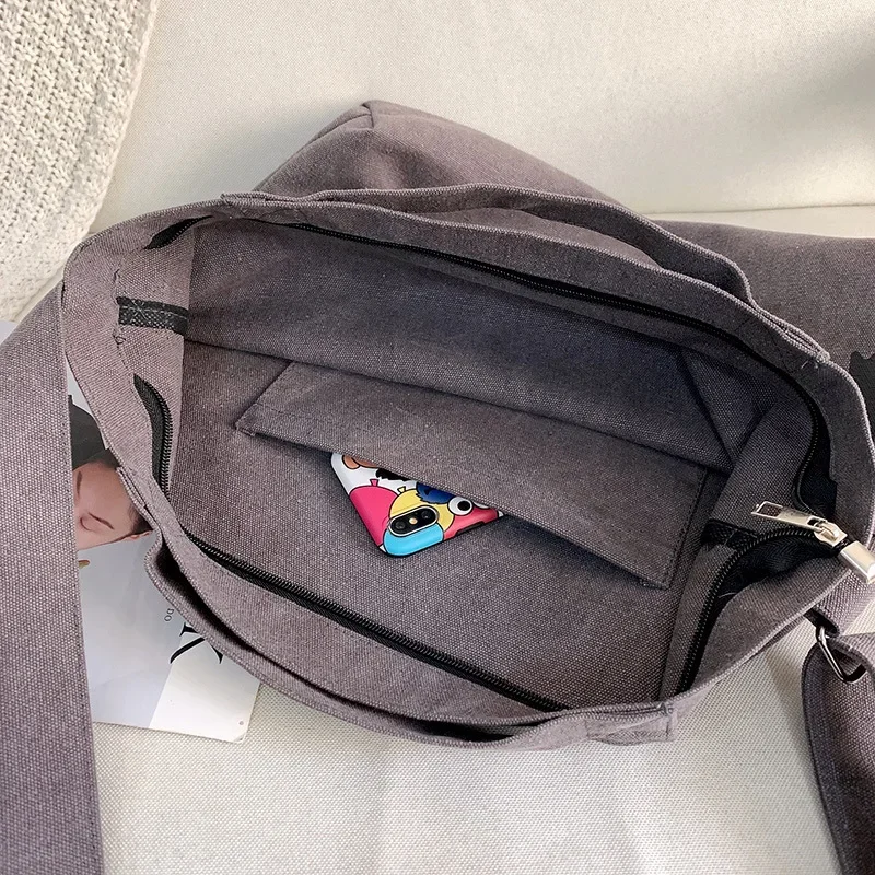 Letter Solid Color Printed Canvas Big Bag Trendy Men's Large Capacity Tote Bag One Shoulder Crossbody Bag thumbnail 4