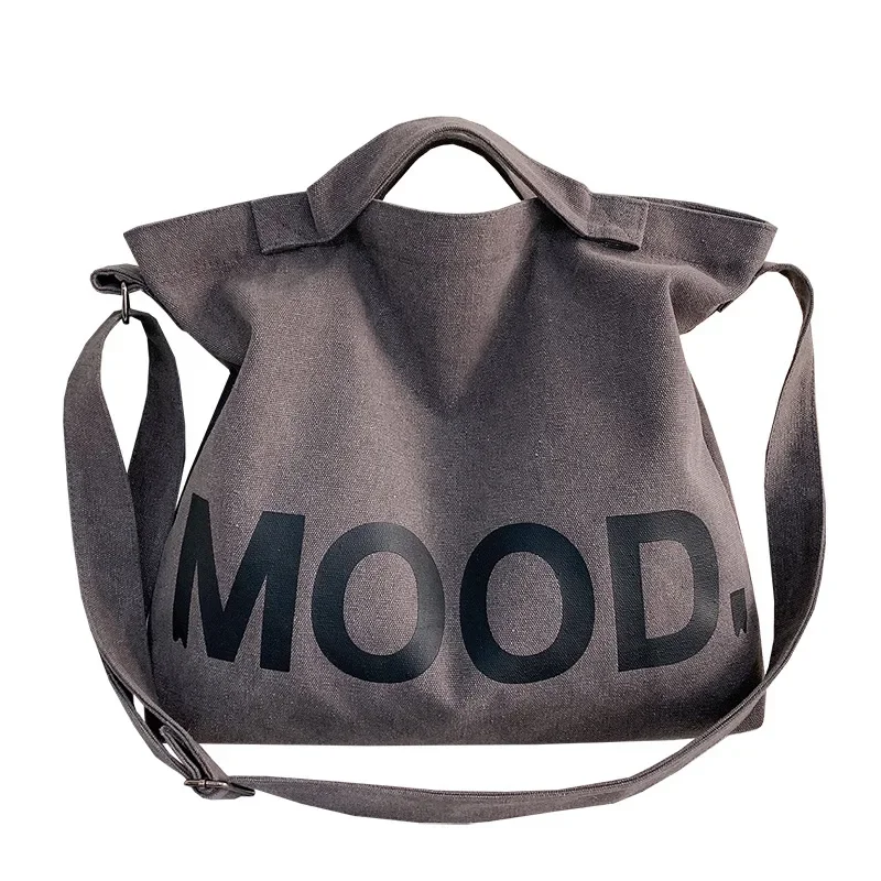 Letter Solid Color Printed Canvas Big Bag Trendy Men's Large Capacity Tote Bag One Shoulder Crossbody Bag thumbnail 5