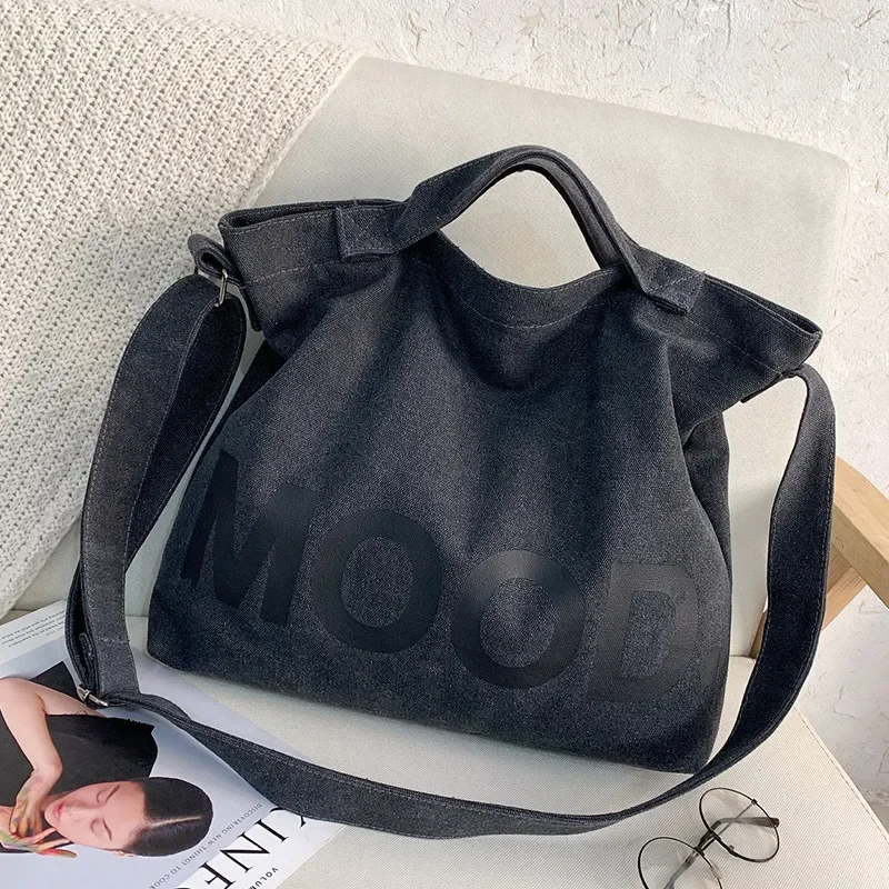Letter Solid Color Printed Canvas Big Bag Trendy Men's Large Capacity Tote Bag One Shoulder Crossbody Bag thumbnail 6