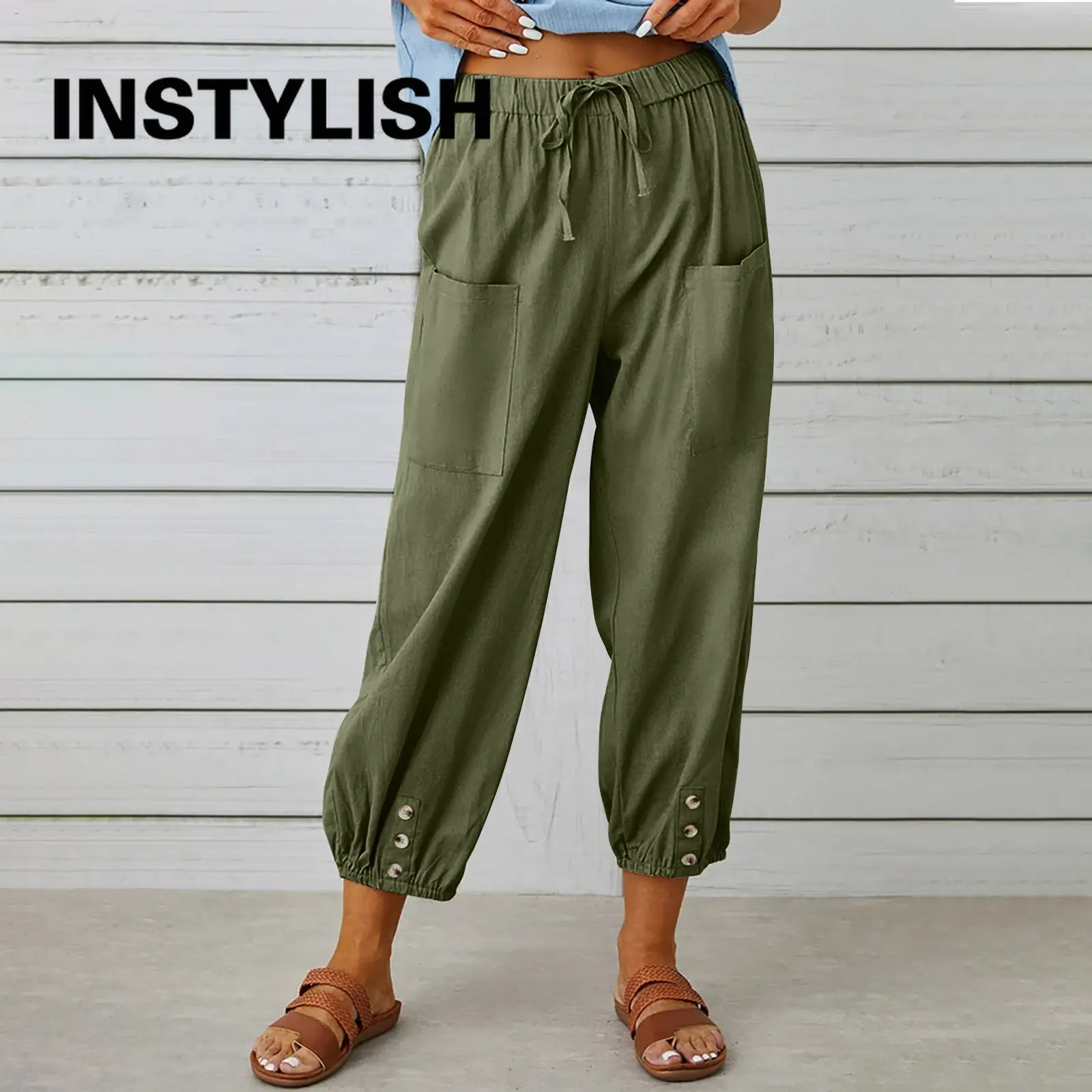 Women Cotton Linen Pants 2023 Autumn Solid Color Elastic Waist Loose Straight Trousers Female Harajuku High Waist Wide Leg Pants thumbnail 3