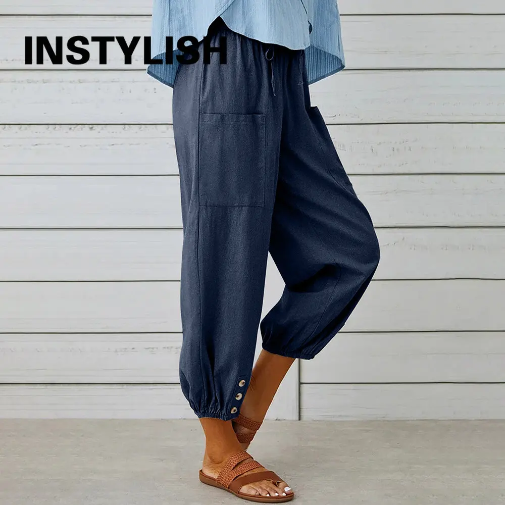 Women Cotton Linen Pants 2023 Autumn Solid Color Elastic Waist Loose Straight Trousers Female Harajuku High Waist Wide Leg Pants thumbnail 6