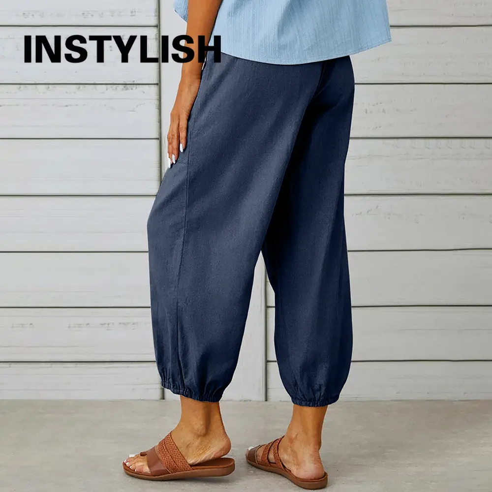 Women Cotton Linen Pants 2023 Autumn Solid Color Elastic Waist Loose Straight Trousers Female Harajuku High Waist Wide Leg Pants thumbnail 5