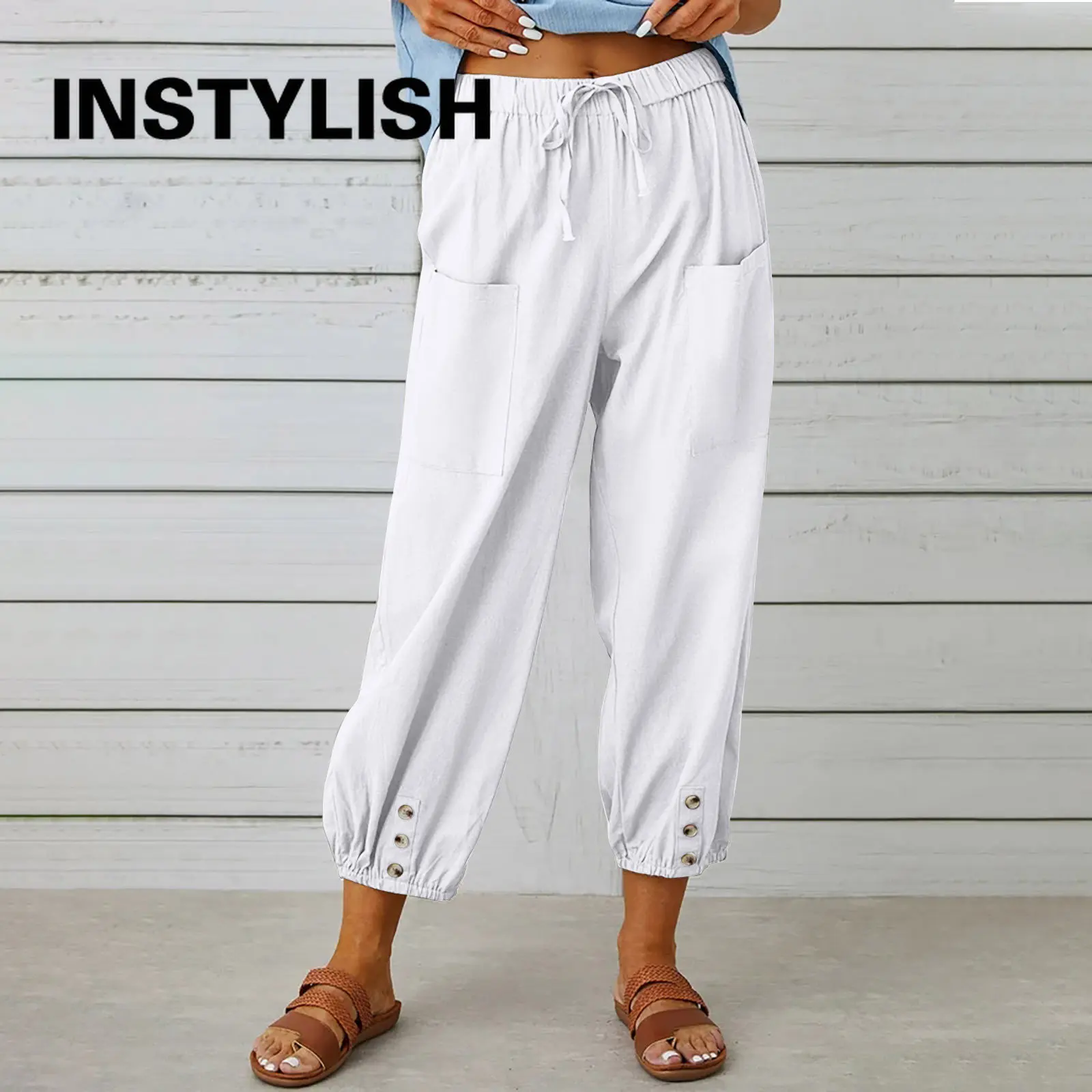 Women Cotton Linen Pants 2023 Autumn Solid Color Elastic Waist Loose Straight Trousers Female Harajuku High Waist Wide Leg Pants thumbnail 2