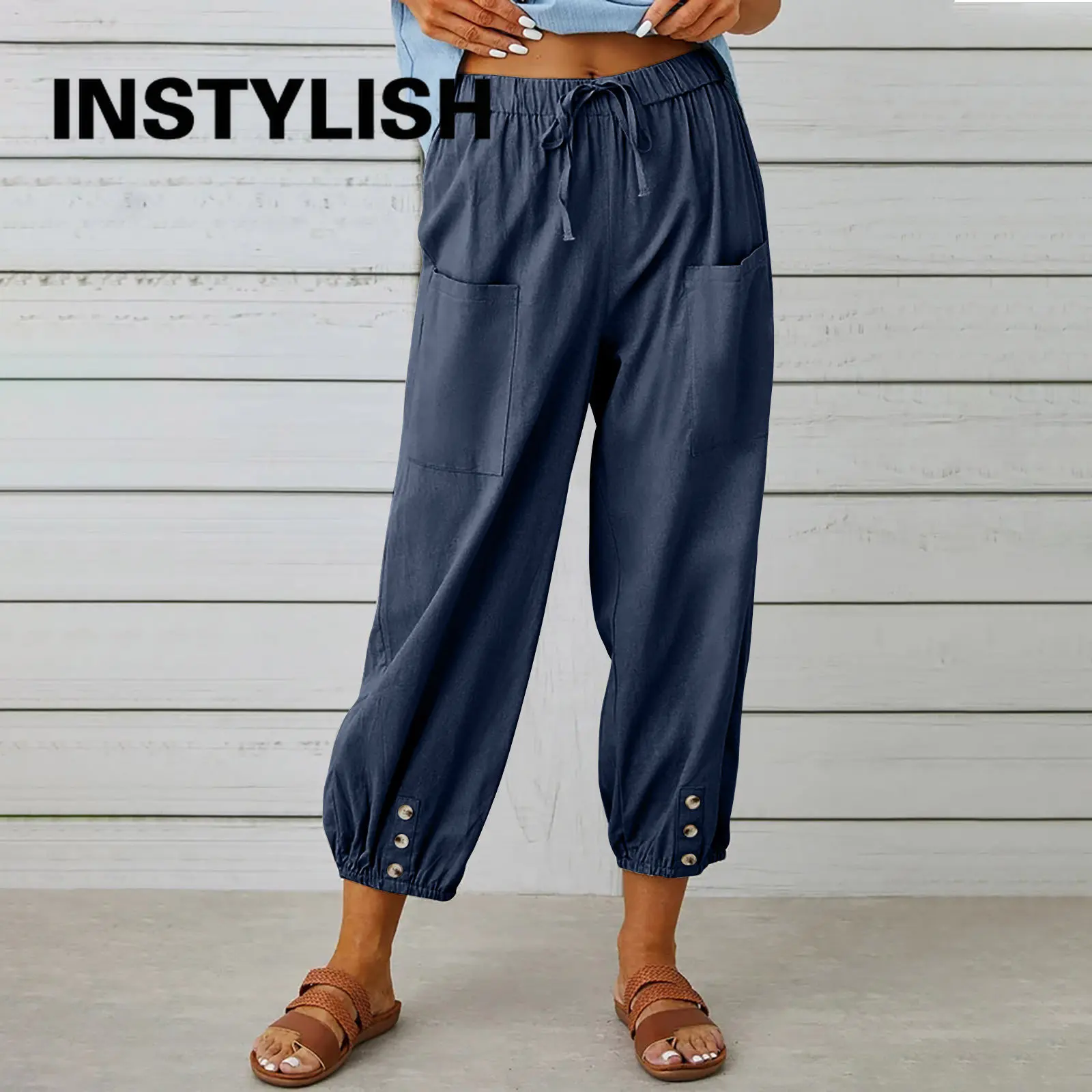 Women Cotton Linen Pants 2023 Autumn Solid Color Elastic Waist Loose Straight Trousers Female Harajuku High Waist Wide Leg Pants thumbnail 4