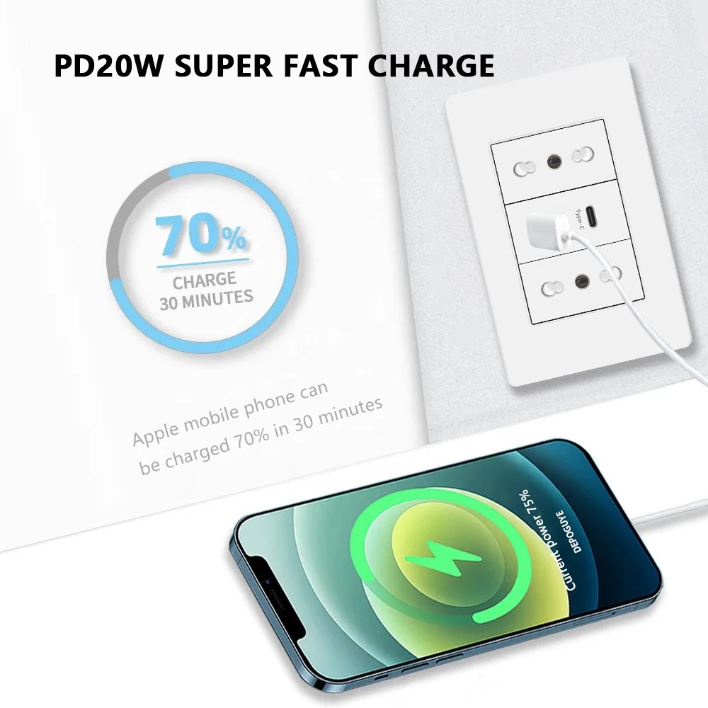 White Italy Chile Outlet with USB Smart Type-c Fast Charging,Dual USB Wall Socket Chile Plugs Plastic Panel Light Switch Sat TV thumbnail 2