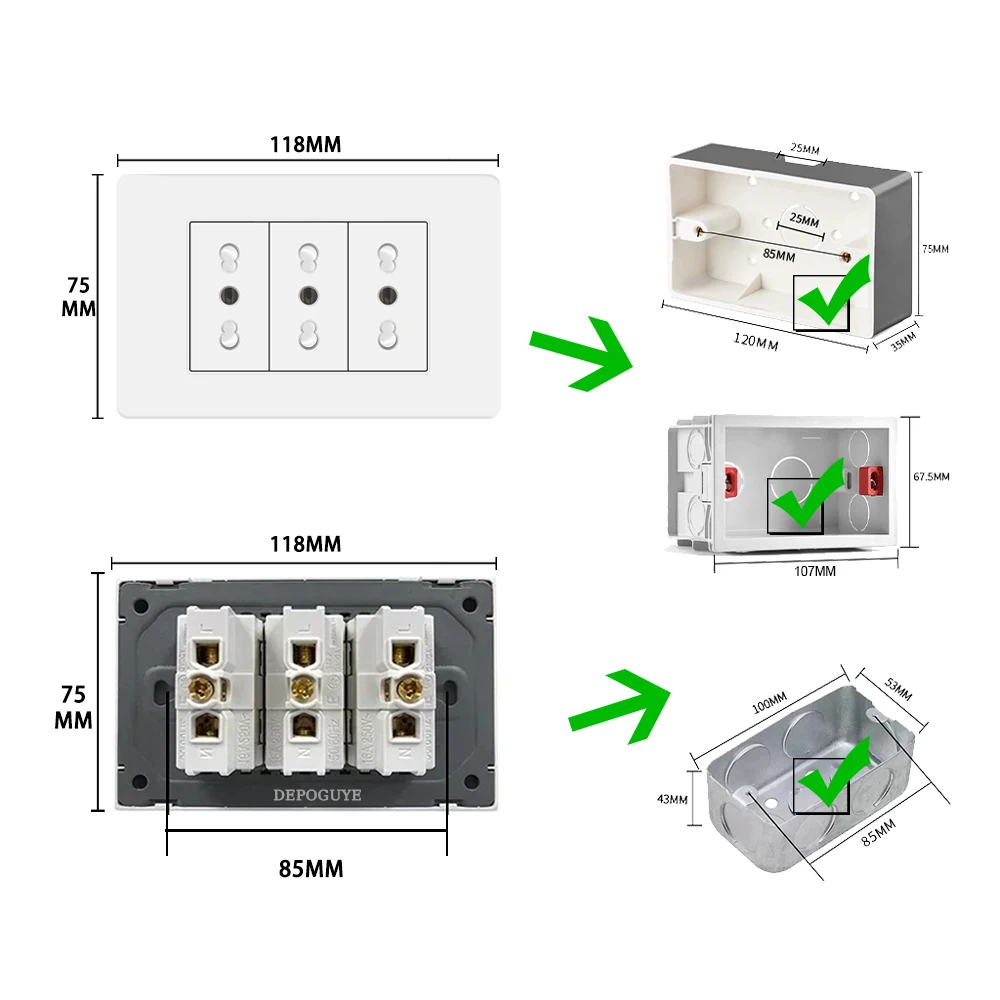 White Italy Chile Outlet with USB Smart Type-c Fast Charging,Dual USB Wall Socket Chile Plugs Plastic Panel Light Switch Sat TV thumbnail 6