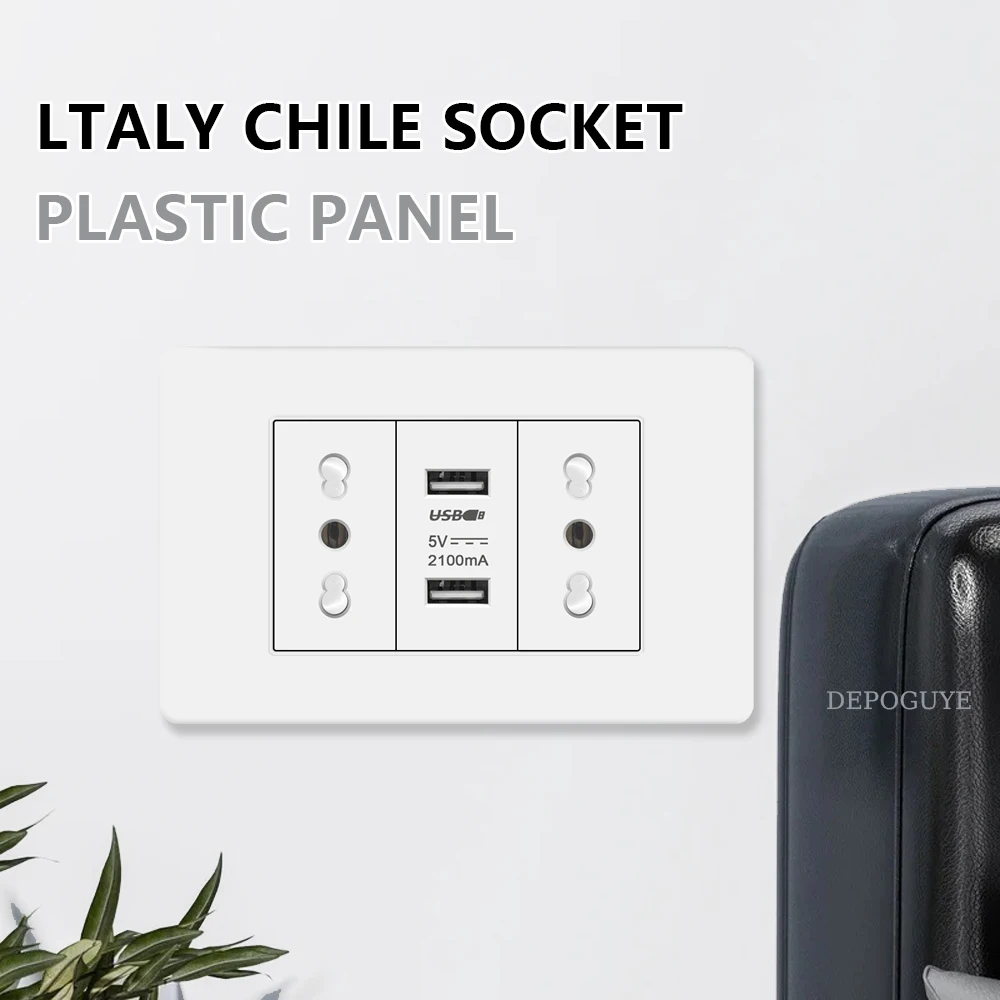 White Italy Chile Outlet with USB Smart Type-c Fast Charging,Dual USB Wall Socket Chile Plugs Plastic Panel Light Switch Sat TV thumbnail 4