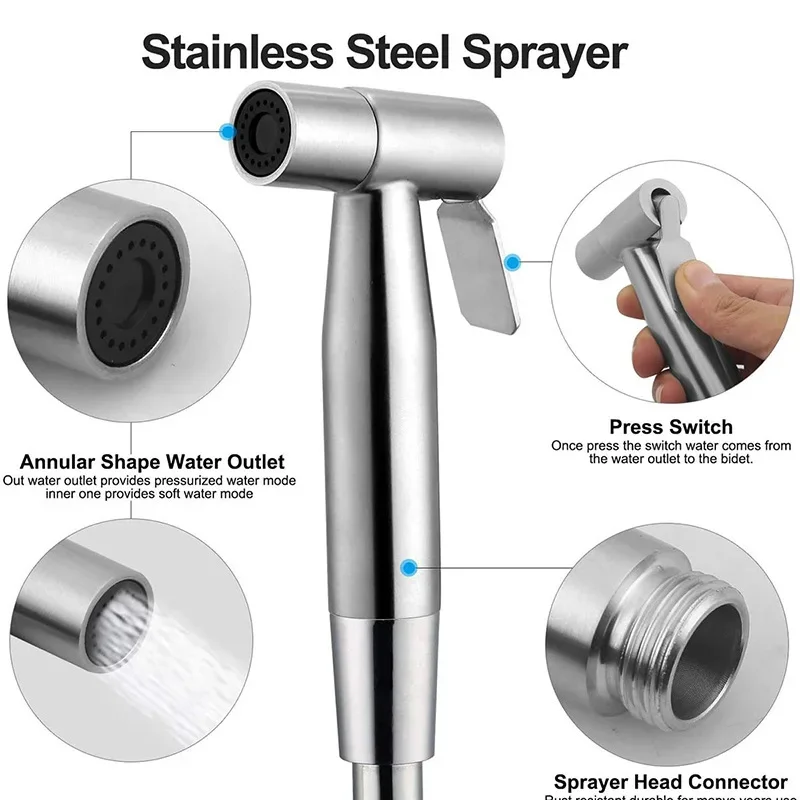 Handheld Toilet Bidet Sprayer Set Stainless Steel Hand Bidet faucet Sprayer Guns Bathroom Hand Sprayer Shower Head Self Cleaning thumbnail 2