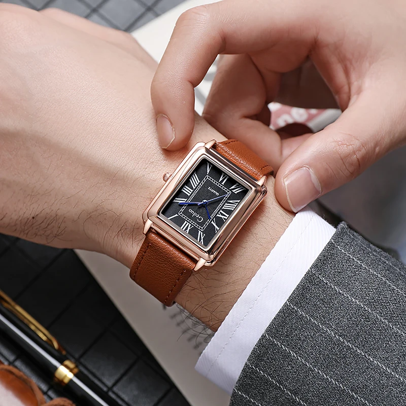 2025 New Fashion Designer Rectangle Dial Quartz Watch For Men Casual Leather Strap Luxury Business Wristwatch Relogio Masculino thumbnail 6
