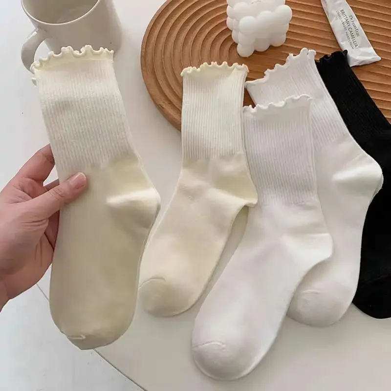 1/3/5pairs Cotton Ruffles Ankle Socks Women Lolita Cute Kawaii Korean Stocking Girl Spring Black White Middle Tube Japanese Sox thumbnail 4