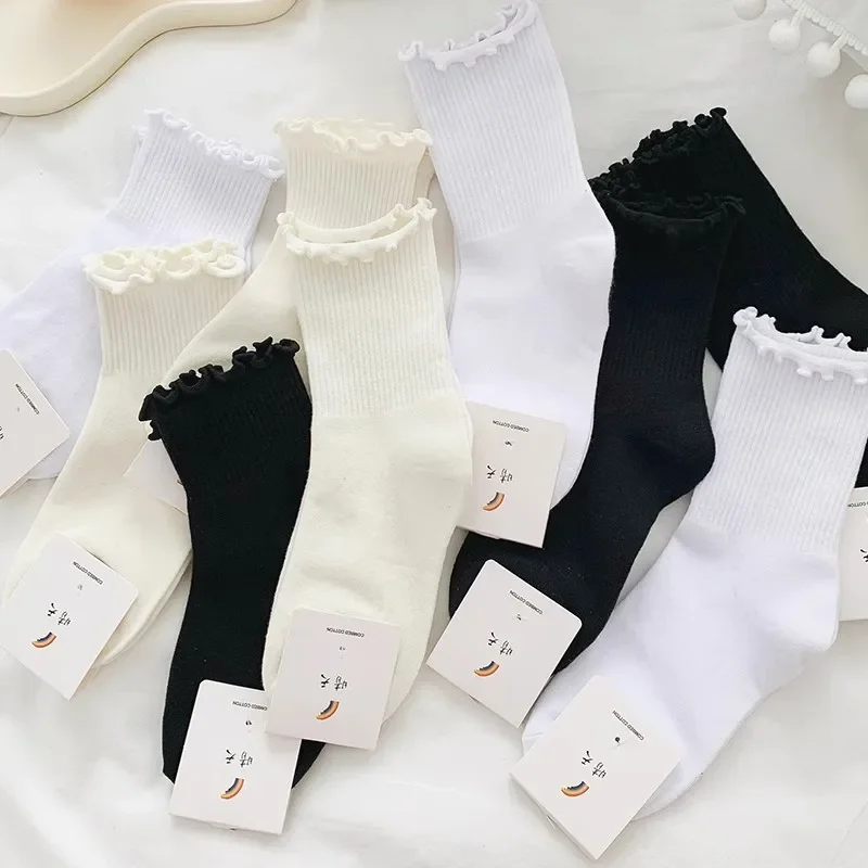 1/3/5pairs Cotton Ruffles Ankle Socks Women Lolita Cute Kawaii Korean Stocking Girl Spring Black White Middle Tube Japanese Sox thumbnail 3