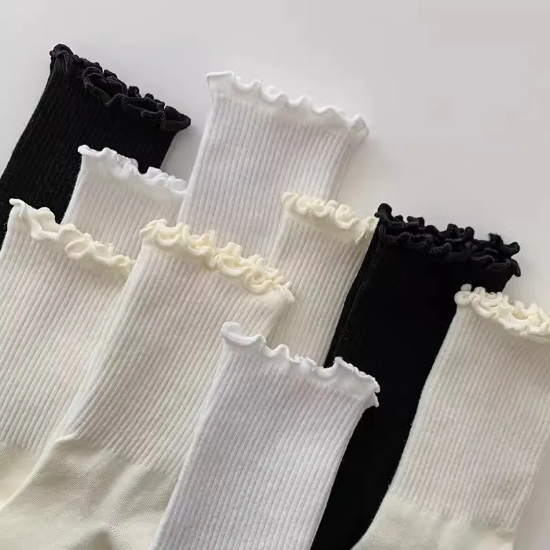 1/3/5pairs Cotton Ruffles Ankle Socks Women Lolita Cute Kawaii Korean Stocking Girl Spring Black White Middle Tube Japanese Sox thumbnail 6