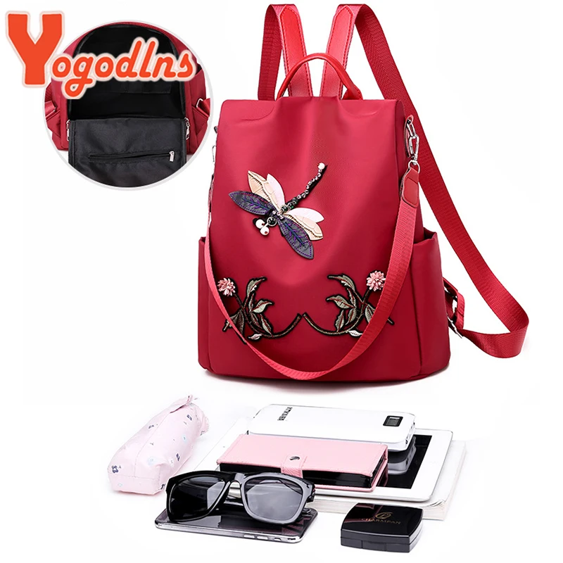 Yogodlns Fashion Embroidery Backpack Women Waterproof Oxford Travel Bag Large Capacity Rucksack Multifunction Laptop Backpack thumbnail 6