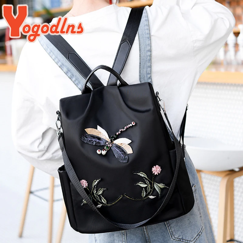 Yogodlns Fashion Embroidery Backpack Women Waterproof Oxford Travel Bag Large Capacity Rucksack Multifunction Laptop Backpack thumbnail 3
