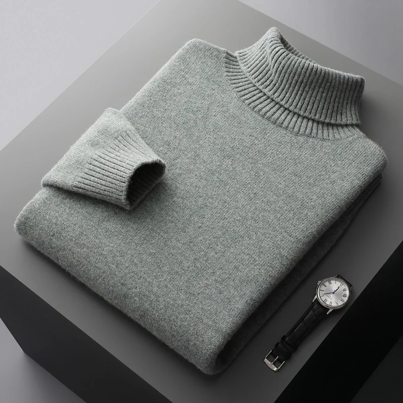 Autumn and winter 100% pure wool men's high collar thick solid color loose cashmere knit bottoming shirt thumbnail 2