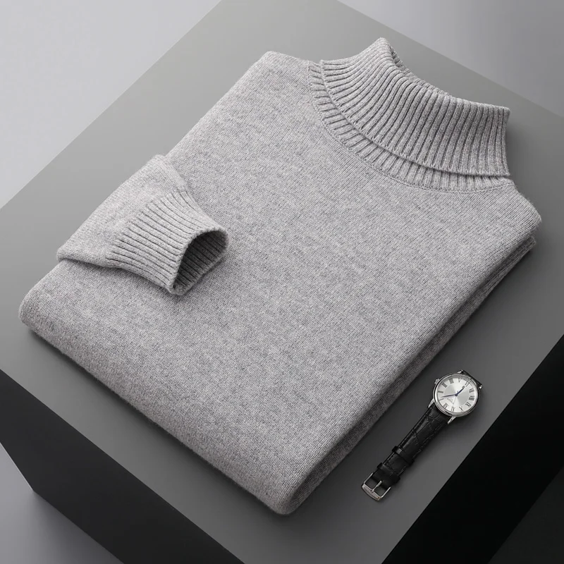 Autumn and winter 100% pure wool men's high collar thick solid color loose cashmere knit bottoming shirt thumbnail 3