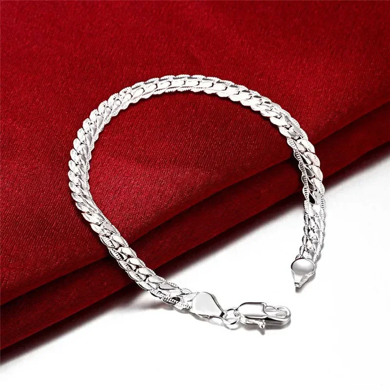 925 Sterling Silver 2 Piece Full Side Chain Necklace Bracelet Women Men Fashion Jewelry Set Wedding Gift thumbnail 5