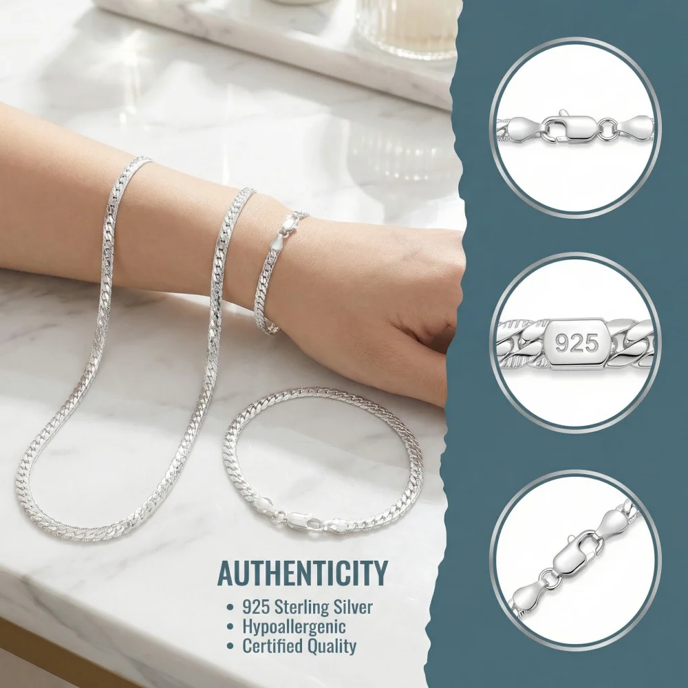 925 Sterling Silver 2 Piece Full Side Chain Necklace Bracelet Women Men Fashion Jewelry Set Wedding Gift thumbnail 2